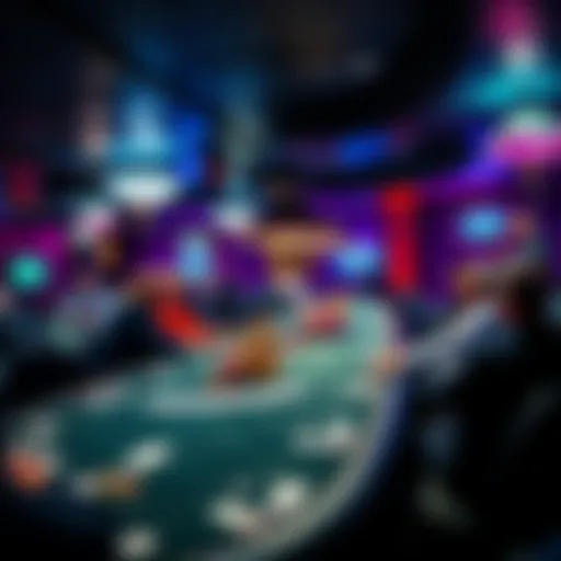 Poker Room in Chicago A lively poker room filled with players at tables, chips scattered, and cards being dealt, near O'Hare Airport in Chicago.