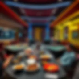 A view of a poker room featuring various food offerings on display, with players at tables enjoying the meals.