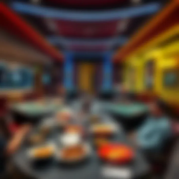 A view of a poker room featuring various food offerings on display, with players at tables enjoying the meals.