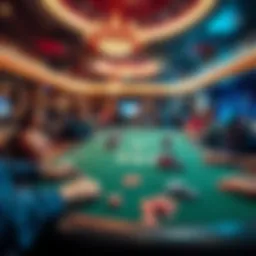 Poker Room in Las Vegas A vibrant poker room in Las Vegas with players at tables and colorful chips scattered around.