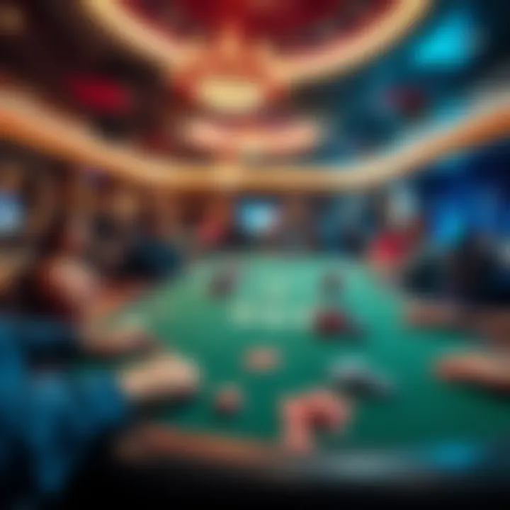 Poker Room in Las Vegas A vibrant poker room in Las Vegas with players at tables and colorful chips scattered around.