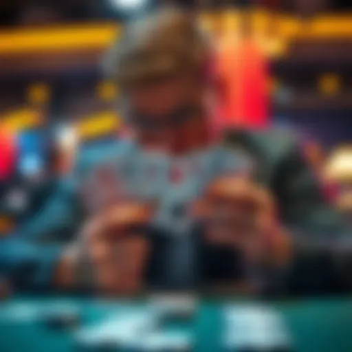 A focused player contemplating their move in a poker tournament, holding AQs in hand while looking at the table with cards.