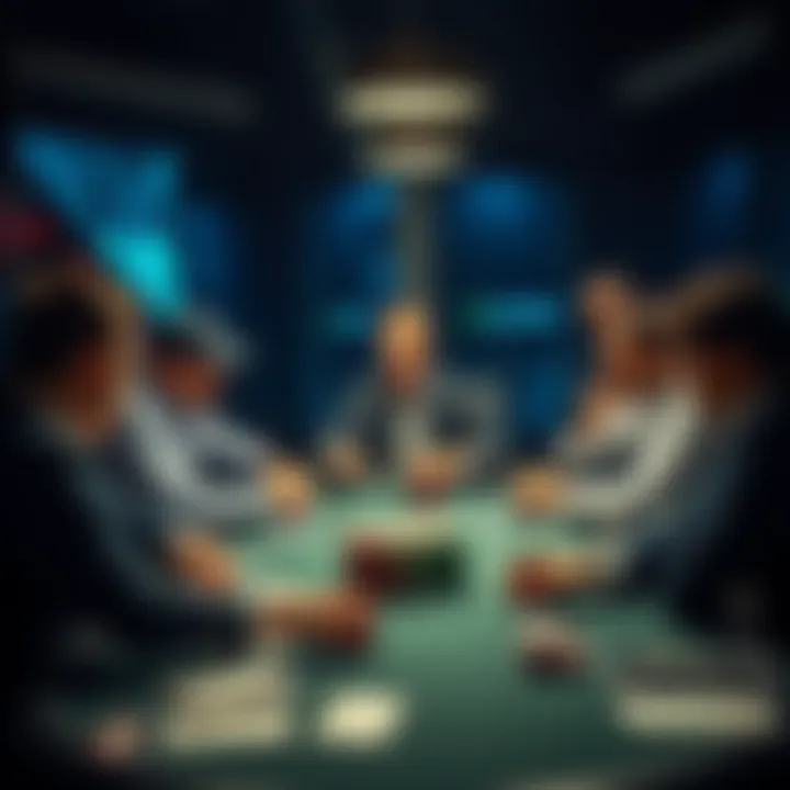 Poker strategy discussion A group of players at a poker table analyzing strategies and making decisions