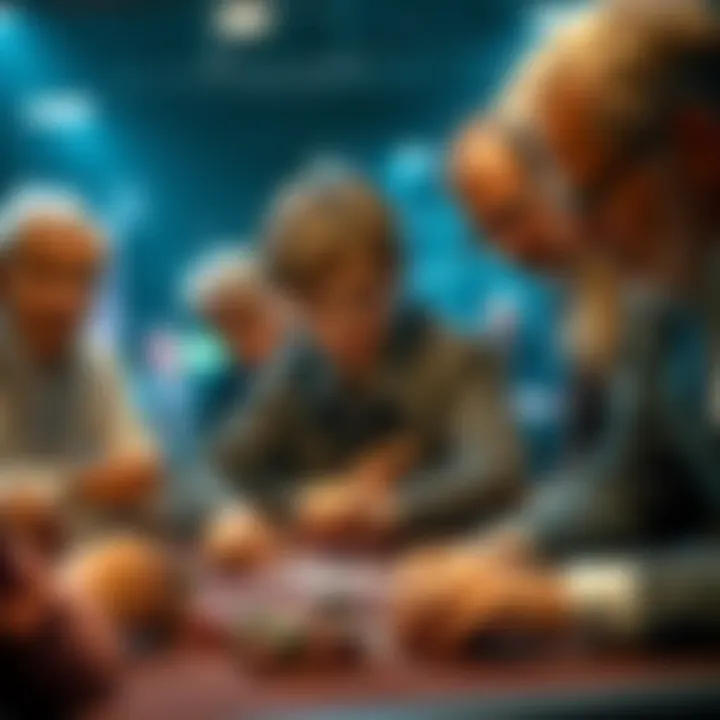 Poker strategy discussion A young player analyzing poker hands at a table surrounded by older players, with focused expressions on their faces.