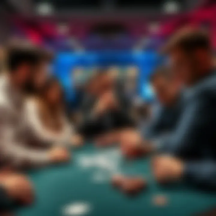 A group of people at a poker table analyzing their hands and discussing strategies with playing cards and chips in front of them
