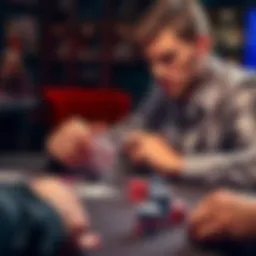 Poker strategy discussion A person analyzing a poker hand with cards and chips on a table, contemplating decisions in a game setting