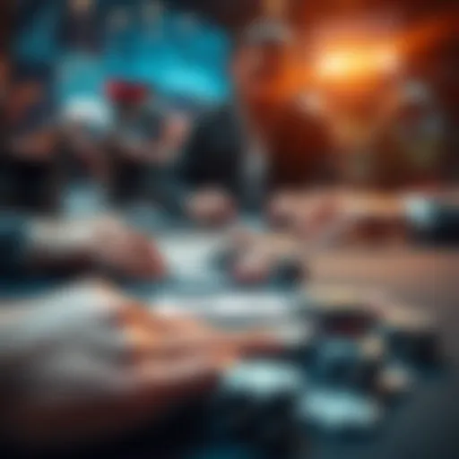 A person analyzing poker hands with a focus on a tight playing style, using chips and cards on a table.