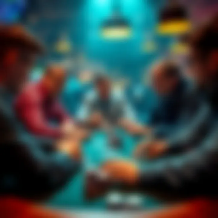 A group of people around a poker table analyzing cards and discussing strategies related to Pot Odds and MDF.