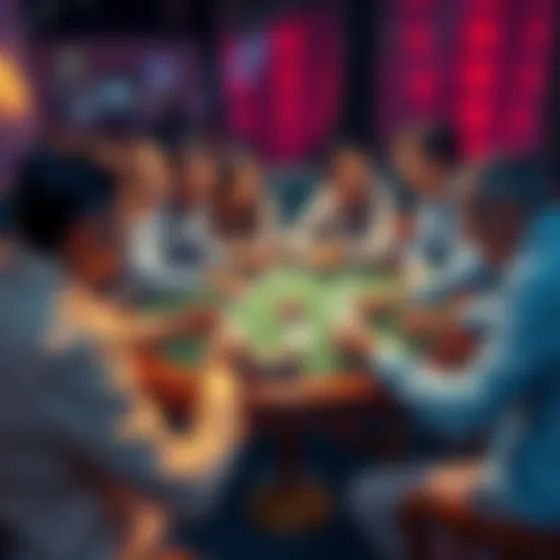 A group of friends playing poker around a table, smiling and sharing costs, with chips and cards spread out, representing a winning strategy.