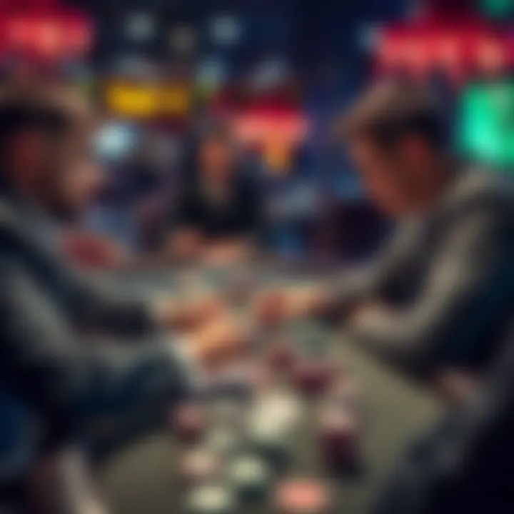Two players discussing strategies at a poker table, with cards and chips visible, focusing on A4 suited and bluffs.