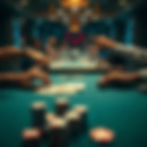 A poker table set up with cards, poker chips, and players engaged in a game, representing skill and luck in poker