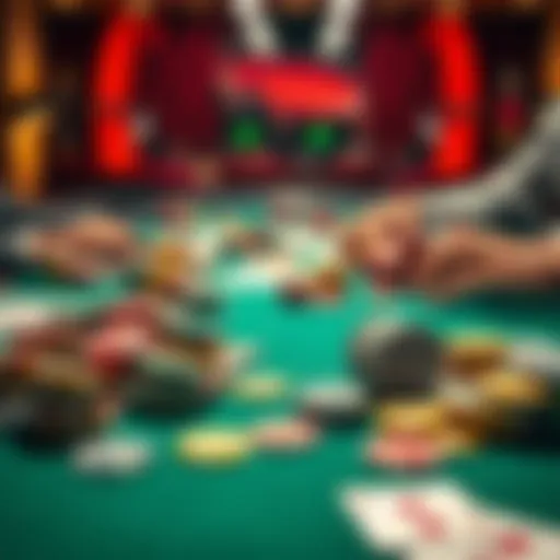 A poker table filled with various chips and cards, showcasing players making strategic decisions during a game.
