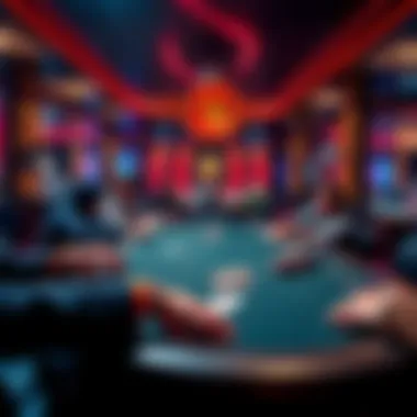 A poker table inside Hard Rock Casino with players and chips scattered, hinting at a tense game atmosphere.