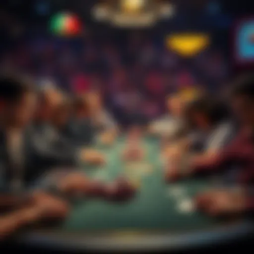 A poker table full of players focused on their cards, with chips in front of them, highlighting the tension of the game.