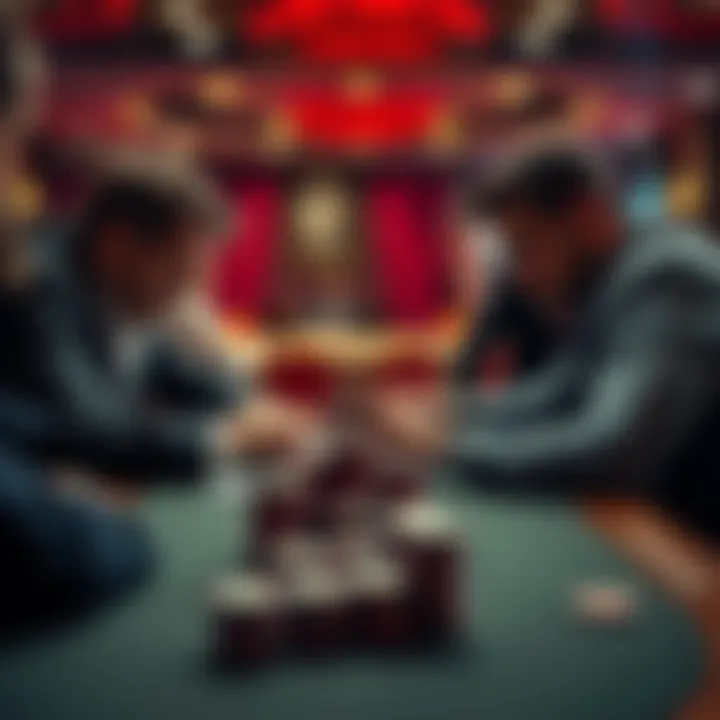 Two poker players at a table, focused on their cards, with chips stacked in front of them, illustrating a tense game situation.