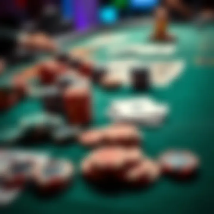 A poker table showing a mix of chips and playing cards, highlighting small bets in action.