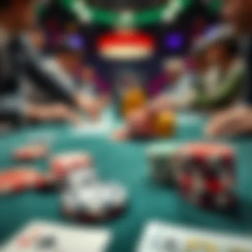 A close-up of a poker table showing chips for straddle and ante bets, with players actively engaged in the game.