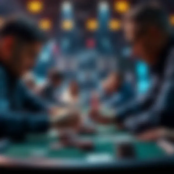 A tense moment in a poker game with players focused on their cards and chips, considering whether to go all-in or fold during a critical phase of the tournament.