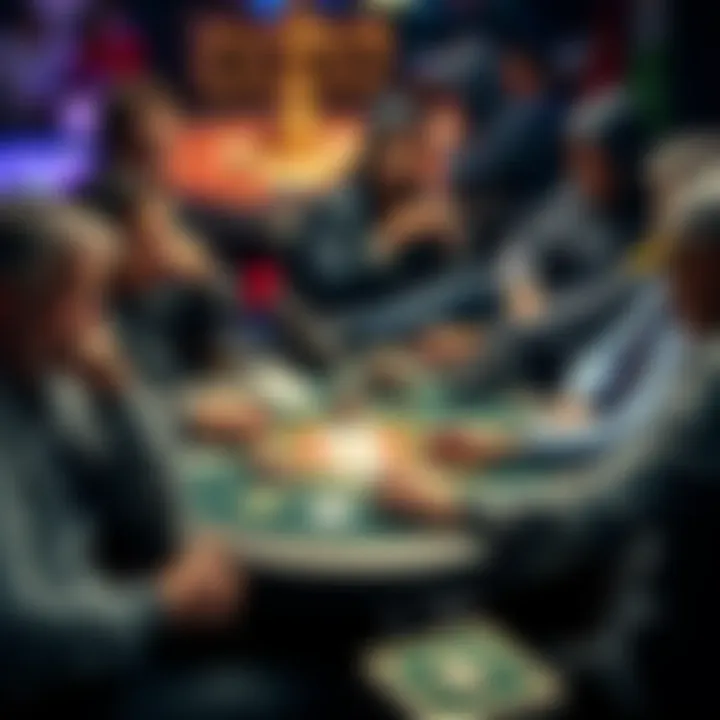 A group of players sitting around a poker table, focused on their cards during a 9-handed poker tournament.