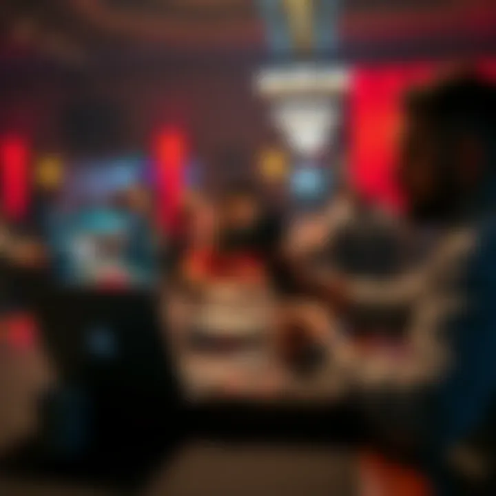 A poker vlogger at a table, filming gameplay with a camera and laptop, engaging with an audience online, while showing cards and chips on the table.