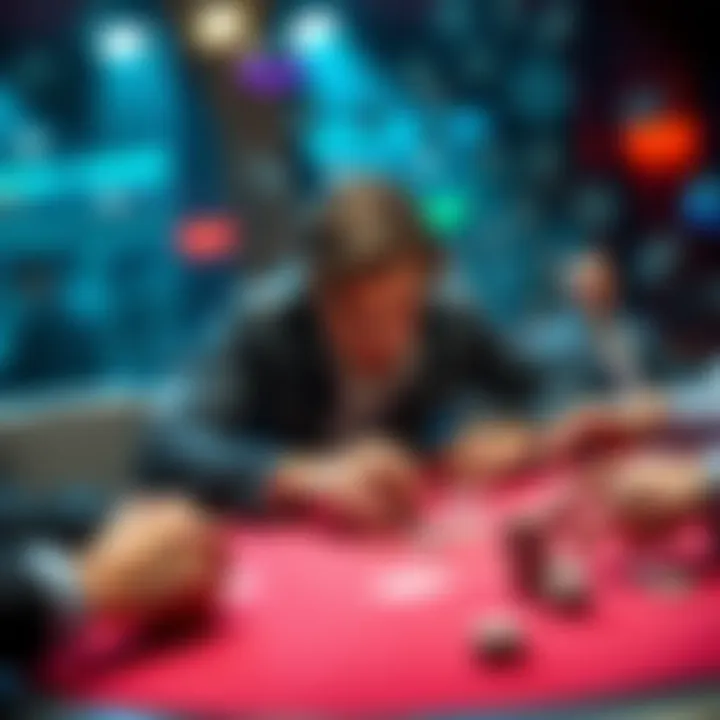 A poker table displaying intense action, with a novice player using aggressive tactics against experienced opponents.