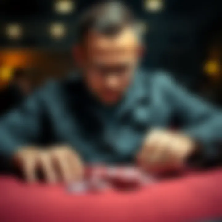 A focused poker player pushes all their chips into the center of the table, showing determination and risk-taking in a tense game.