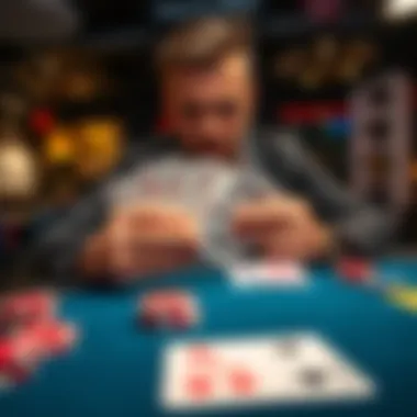 A poker player pushes all-in with a confident expression, holding pocket queens, while the table displays a J77 flop.