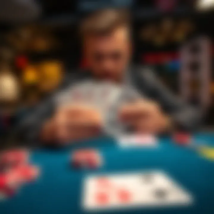A poker player pushes all-in with a confident expression, holding pocket queens, while the table displays a J77 flop.