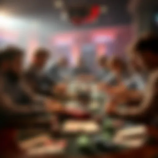 A group of people playing poker and rummy at a table with cards and chips, focusing on strategies to win money