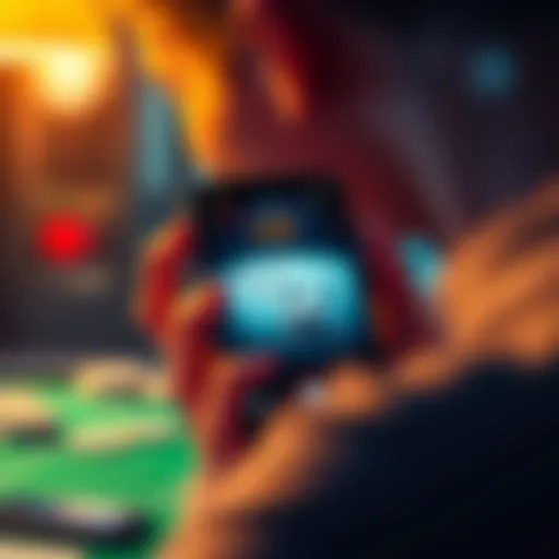 Poker App Investment A person looking at a smartphone displaying a poker app with chips and cards on the screen, contemplating their investment.