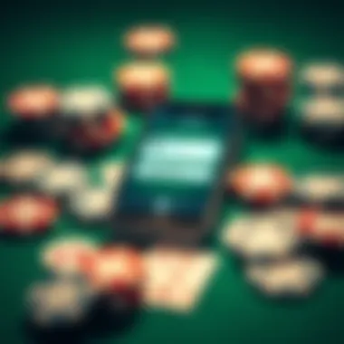 A smartphone displaying a poker app interface with Apple Pay options visible, surrounded by poker chips and cards.