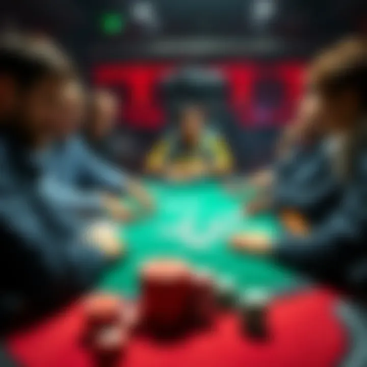 A group of people playing poker at a table with cards and chips