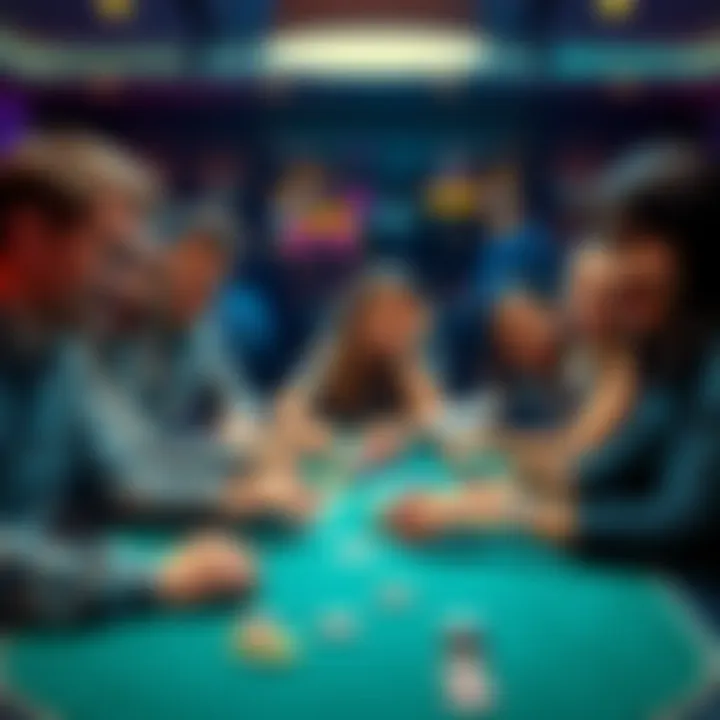 A group of diverse people playing poker at a table, with chips and cards visible, showcasing a friendly game atmosphere.