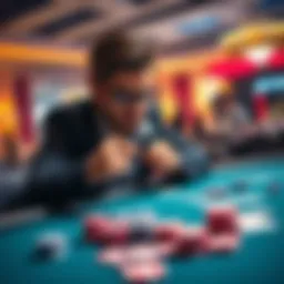 Poker player bluffing at a table A focused poker player makes an aggressive bluff at a casino table, surrounded by cards and chips, showing confidence and strategy