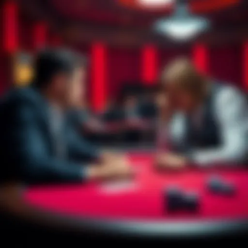 Two poker players at a table, one player raises the bet while the other appears to consider their options, representing bluffing strategies in a poker game.