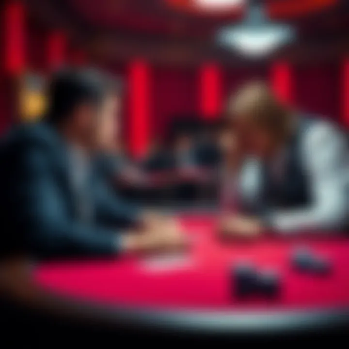 Two poker players at a table, one player raises the bet while the other appears to consider their options, representing bluffing strategies in a poker game.