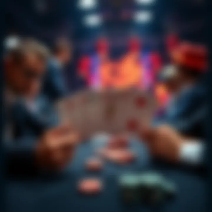 Poker player making a bold call A poker table with players in focus, one player confidently showing their cards after an all-in move, while another player reveals an Ace High hand