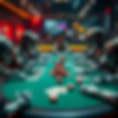 Poker table with bots and human players A poker table showing several bots represented as robots playing against human players, with cards and chips scattered