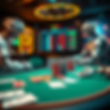 A table with poker chips and cards being played by AI bots, showcasing a digital interface with game statistics.