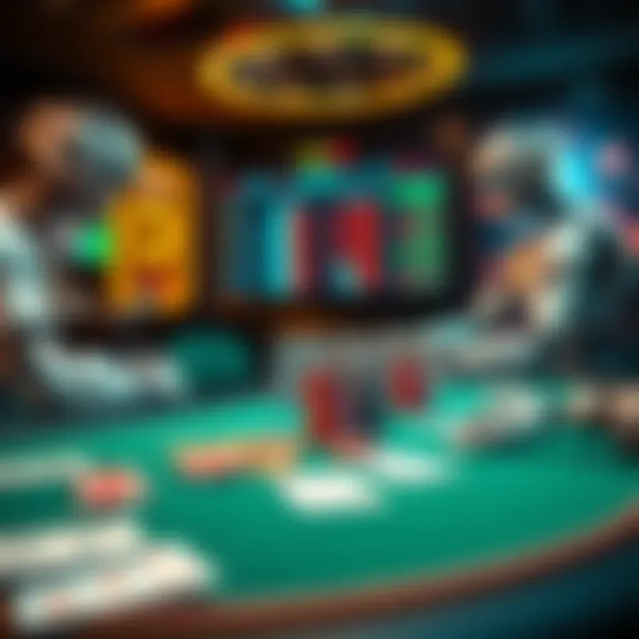 A table with poker chips and cards being played by AI bots, showcasing a digital interface with game statistics.