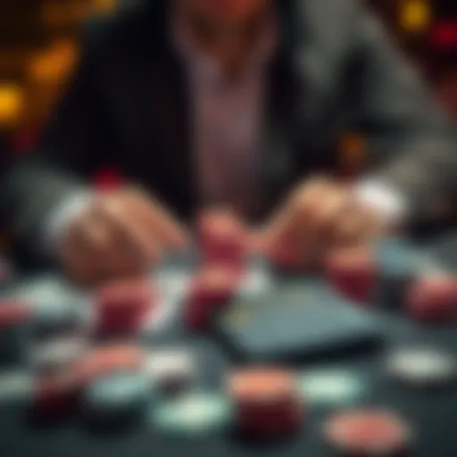 A person calculating poker buy-ins with chips and a calculator on a table