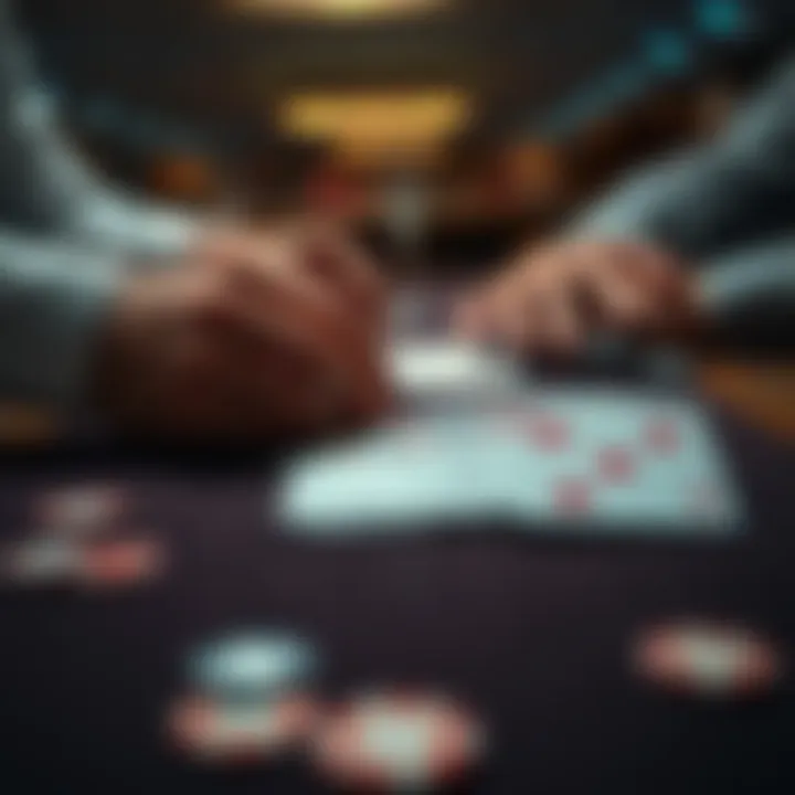A close-up of a poker table showing folded cards with players' hands resting, conveying emotions of decision-making in poker