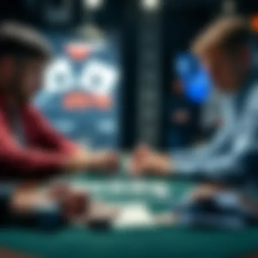 Two players sitting at a poker table, focusing on their cards and chips, with a deck of cards in the center
