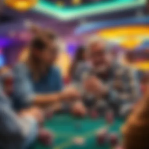 A caregiver assists a disabled poker player at a casino table, helping hold cards and cheering together