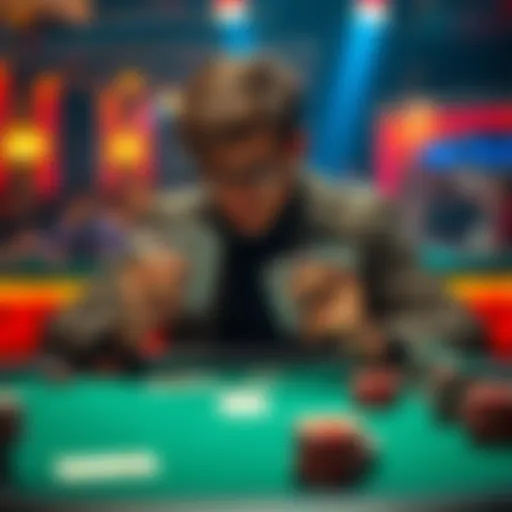 A poker player sitting at a table, reviewing their cards and contemplating the best move after a check raise on the flop.