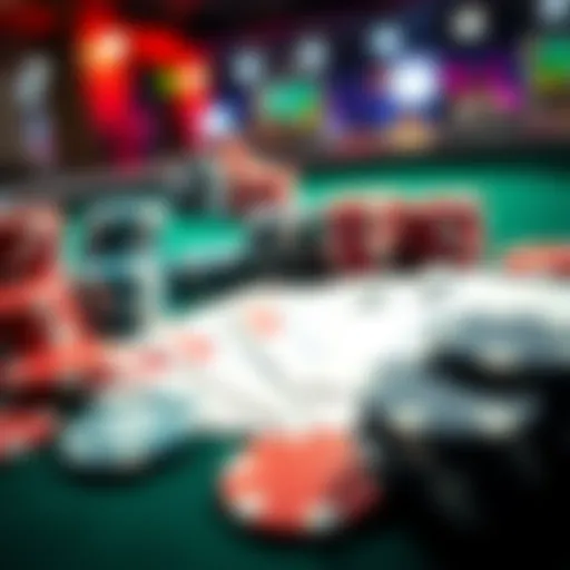 A close-up of poker chips and cards on a table, illustrating a poker game setup for the Main Event.