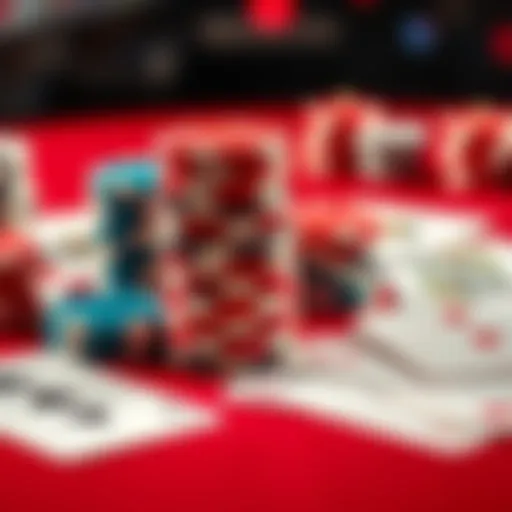 A stack of poker chips with playing cards spread out on a table, indicating a high-stakes poker game.