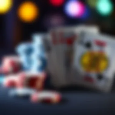 A close-up of poker chips stacked on a table next to playing cards featuring two kings, illustrating a poker game scenario.