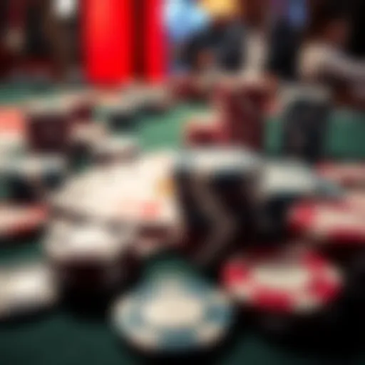 A close-up view of poker chips and playing cards on a table, showing a casino environment.