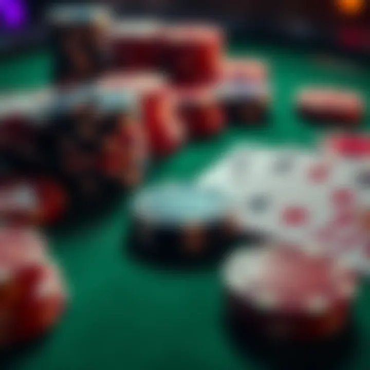 A close-up of poker chips and playing cards on a green felt table, showcasing the intensity of a poker game.
